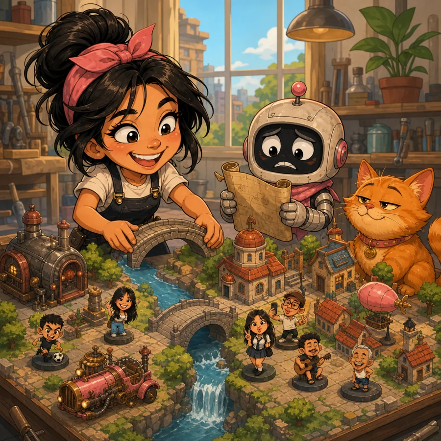 An inventor and robot building a miniature town while an orange cat sits among the scenery