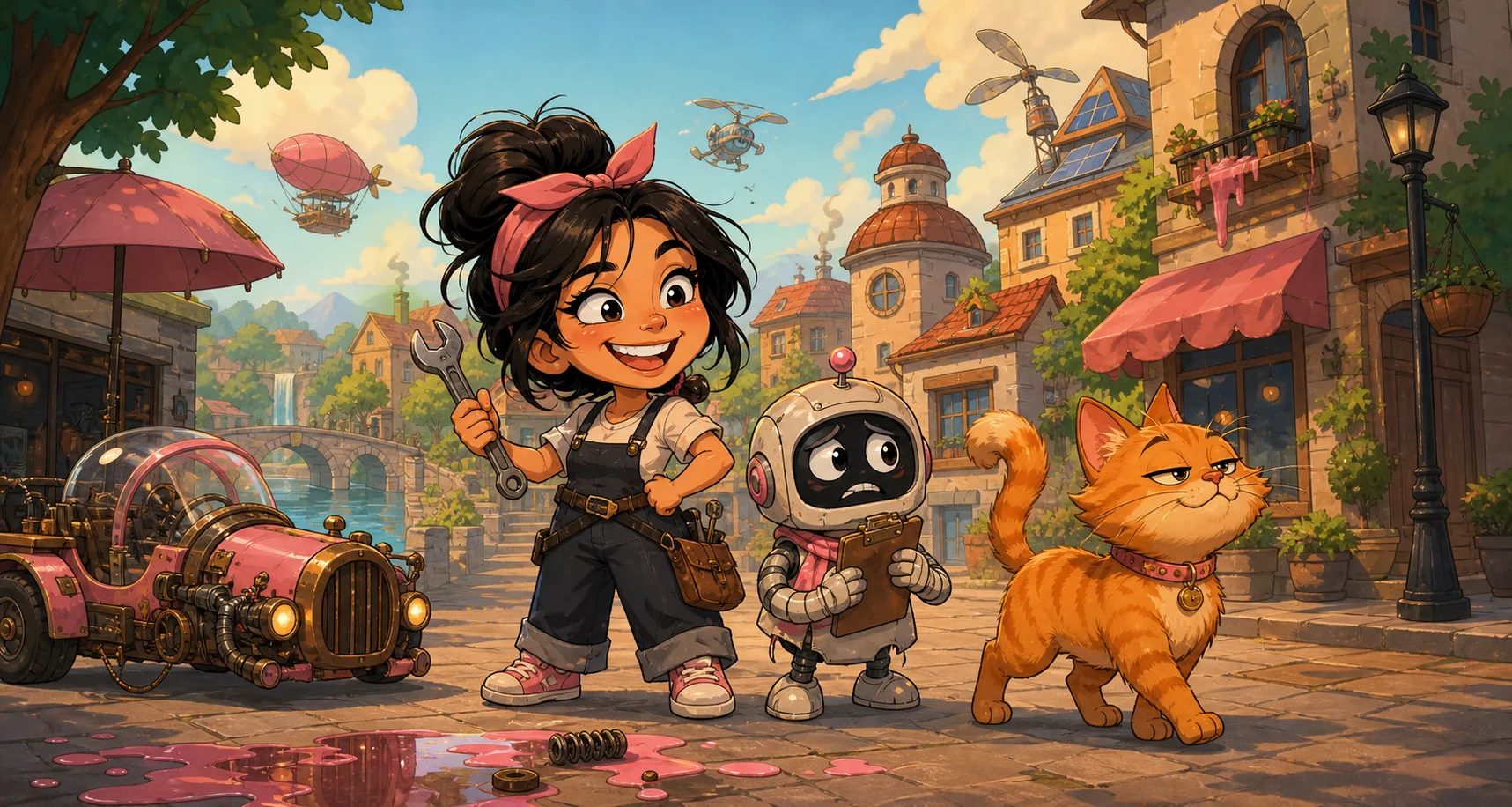 An inventor, her anxious robot, and a smug orange cat exploring their shared story town