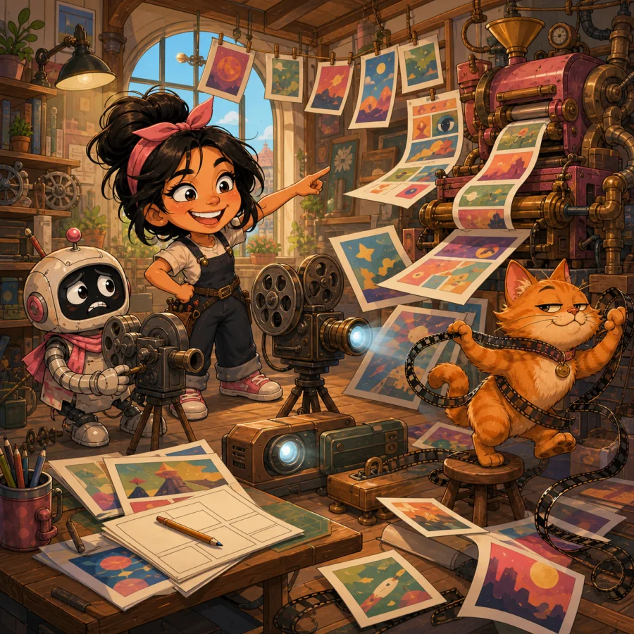 An inventor directing a lively story workshop with cameras, picture prints, a robot, and a cat tangled in film