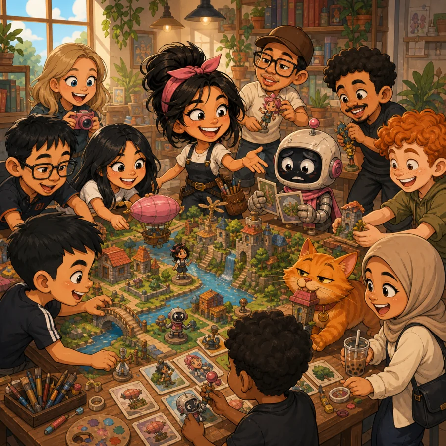 A diverse group of friends adding characters and places to a shared miniature story world